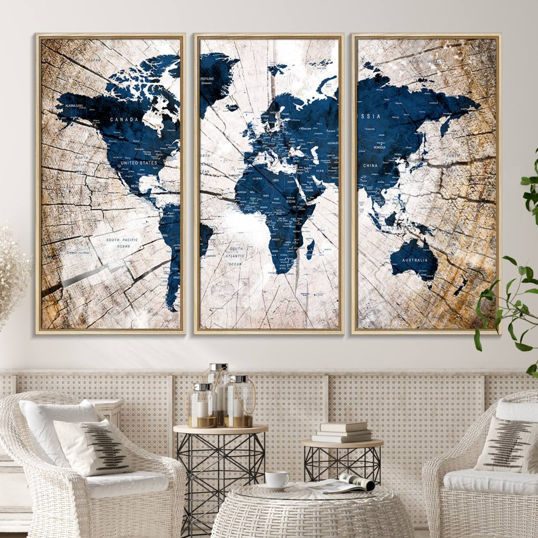 The Vintage World Map on Grunge Background Canvas serves as the focal point of the room.