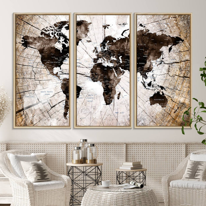 The Tree Ring World Map Canvas hangs above the table, blending into the nature-inspired setting.