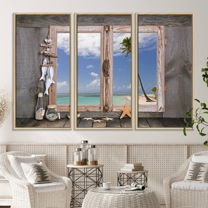 The Window Wall Art Relaxing Beach features seashells and a rustic window frame.