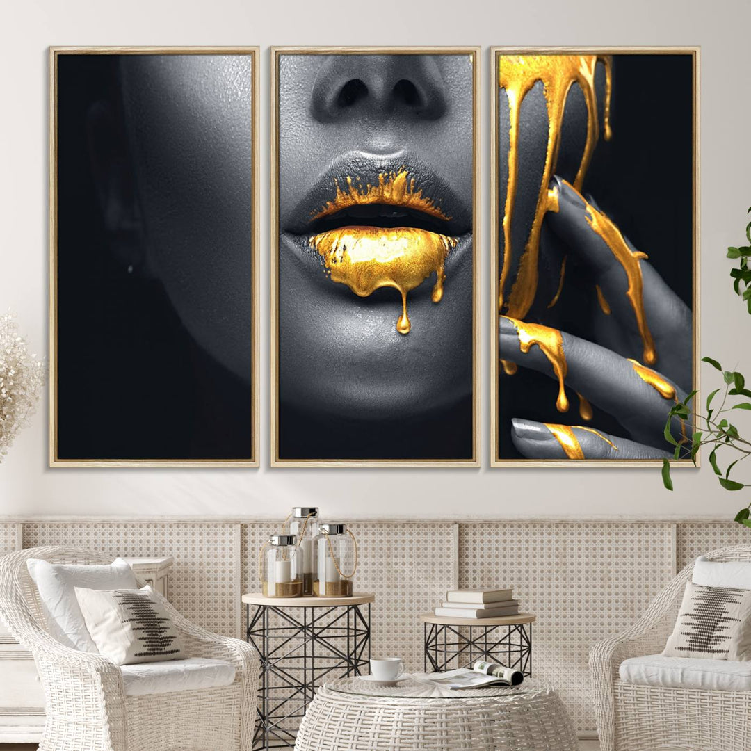 The Gold Lips and Black Woman Makeup Canvas Print features a chic monochrome face design, making it ideal for a modern dining room.