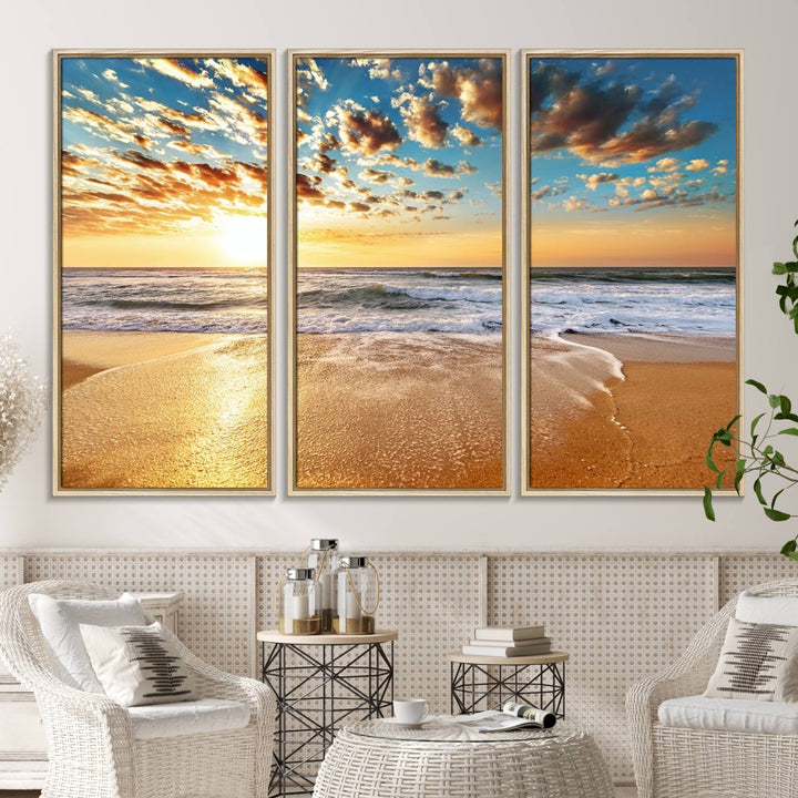 A gallery-wrapped canvas titled Soothing Sunset on Calm Beach is featured.