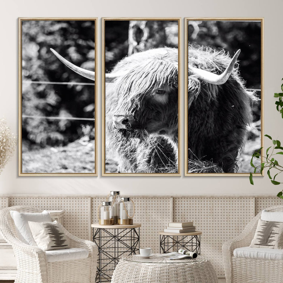 The black and white Highland Cow Canvas Wall Art adds farmhouse elegance to the space.