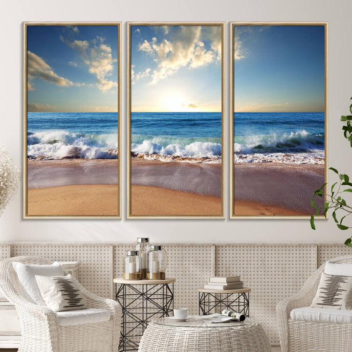 The dining room features a Coastal Tropical Beach Sunset canvas wall art.