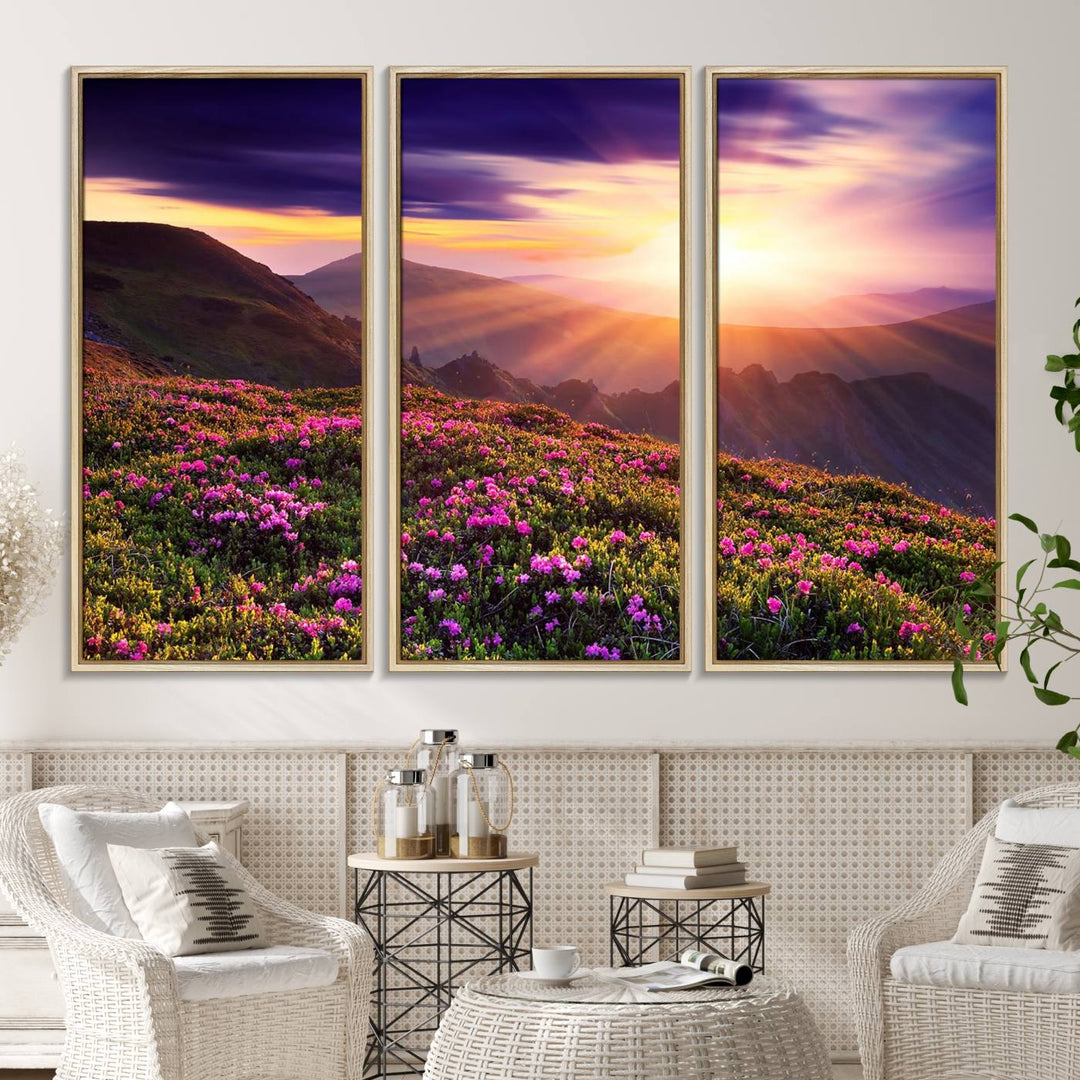 Gallery-wrapped wall art of a stunning mountain sunset and purple flowers.