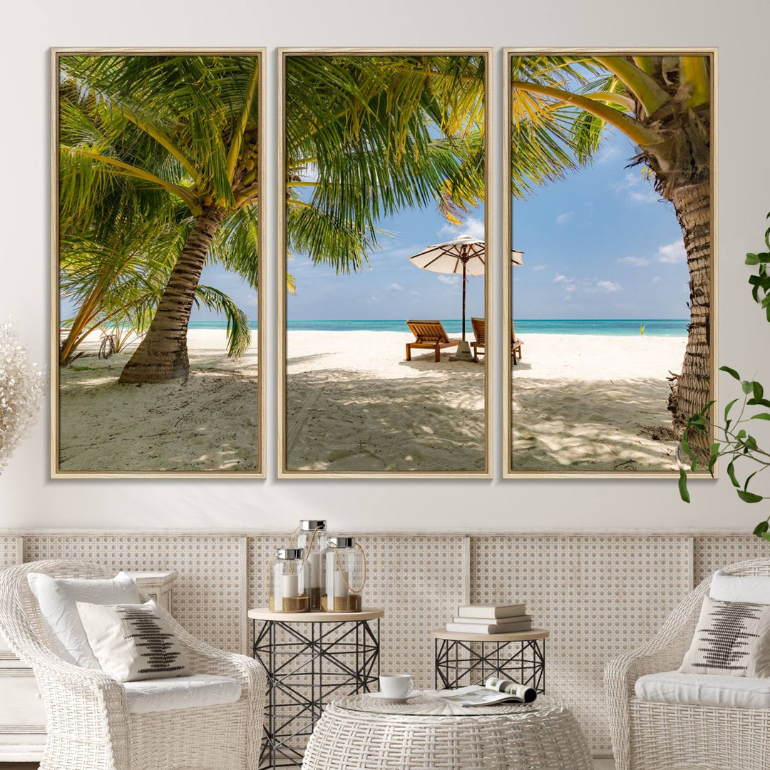 The canvas art print titled Lounge Chairs Palm Trees on Tropical Beach offers free shipping.