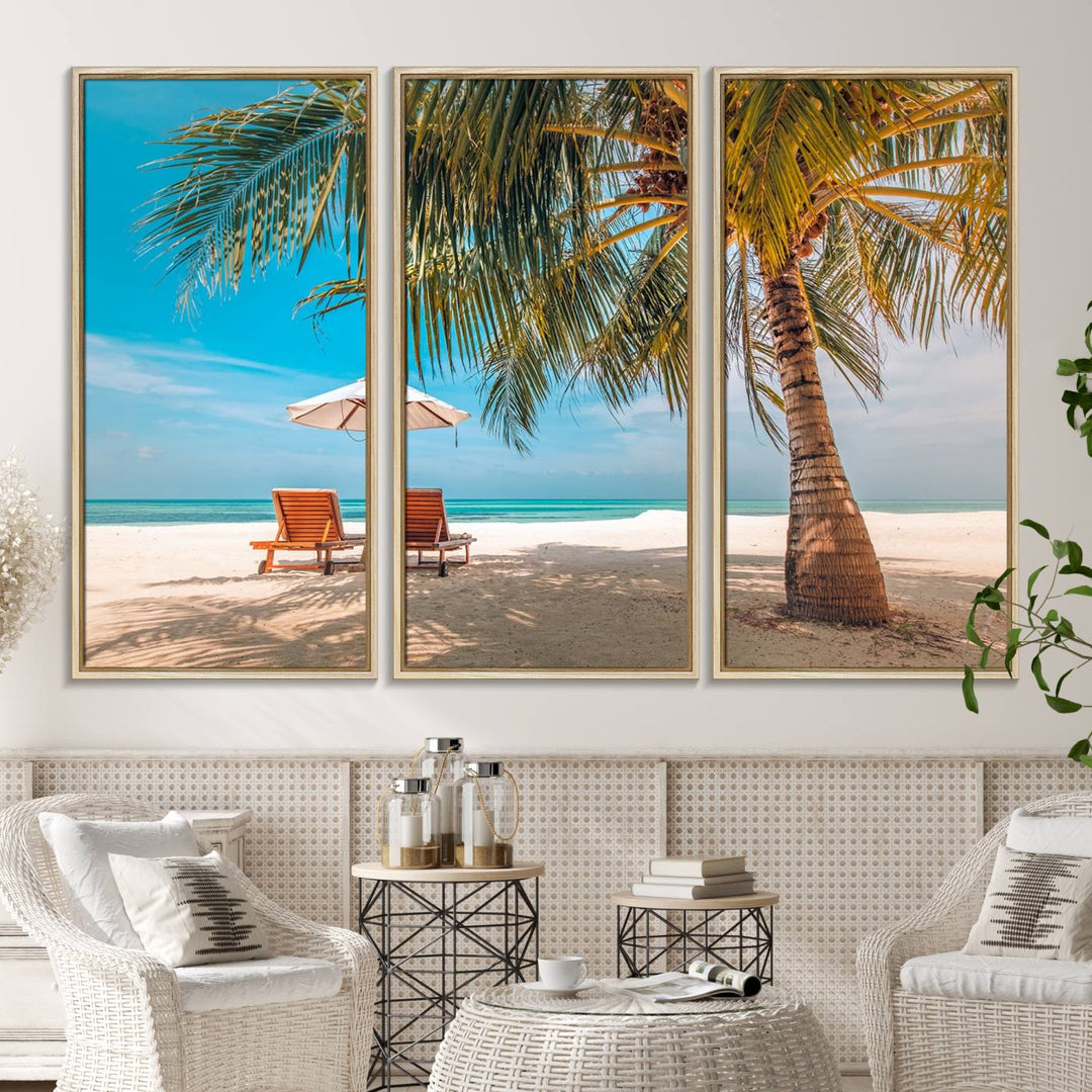 The 3-panel Tropical Beach Wall Art features palm trees and sun loungers, perfect for coastal decor.