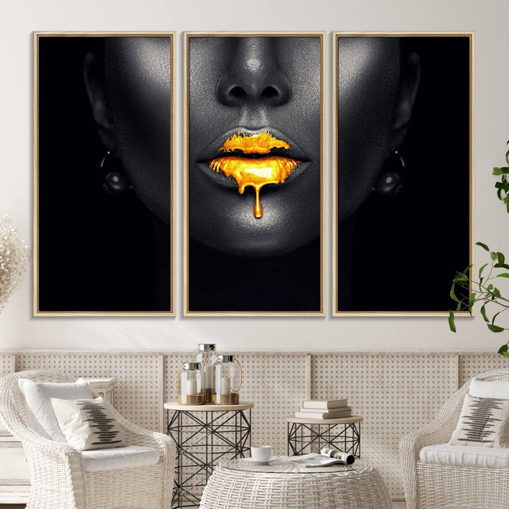 The Honey Gold Lips and Black Woman Photograph canvas print adds a striking touch to the room.