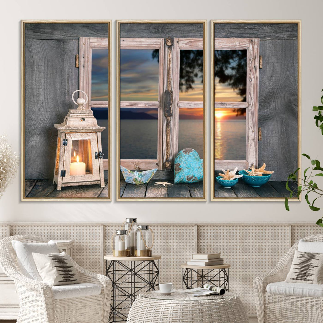 The Astonishing Sunset from the Window canvas print beautifully captures a sea view, accompanied by a lantern and starfish.