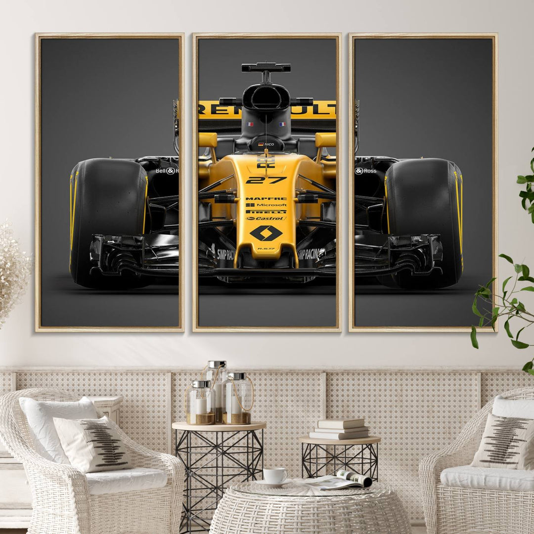 A yellow and black F1 Renault car canvas print with free shipping.