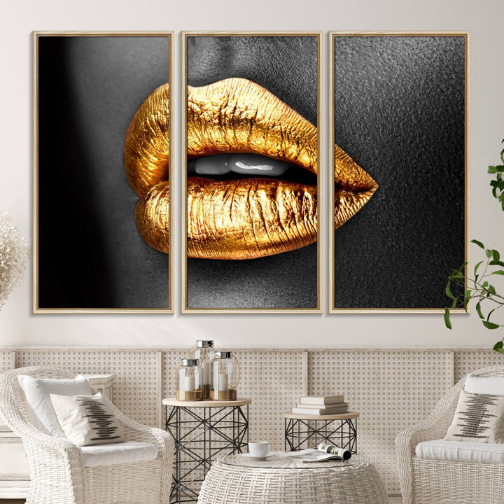 The Gold Lips Canvas Wall Art on a black background is showcased.