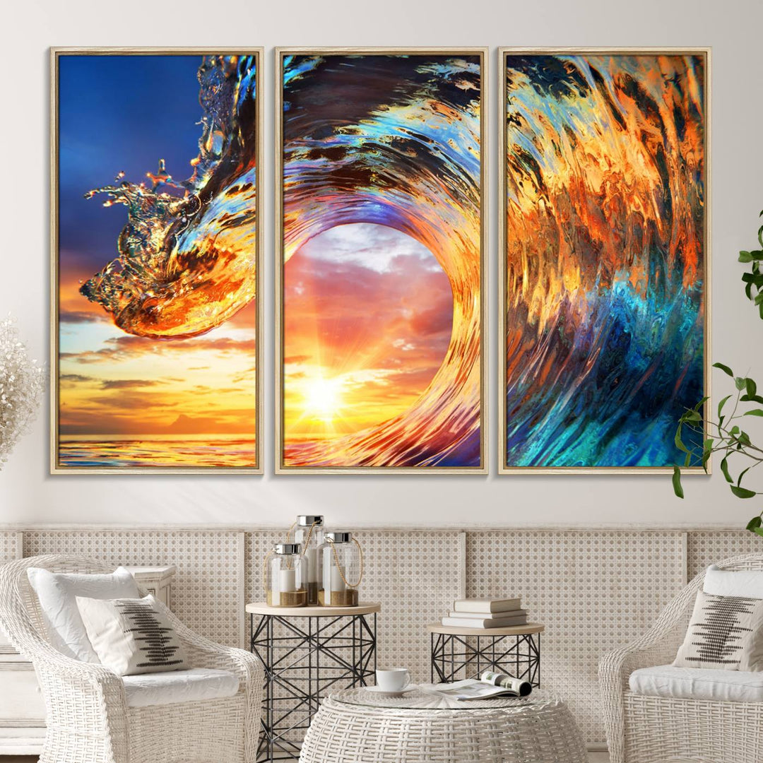 Wave Canvas Wall Art: A multi-panel sunset ocean scene that adds vibrant decor to any space.