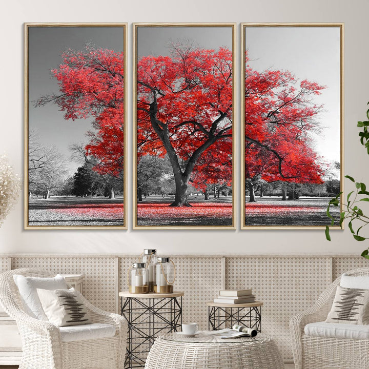 A Red Autumn Tree Canvas Wall Art Print of red leaves.