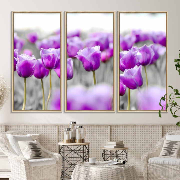 A gallery-wrapped Tulip Fields canvas wall art in a vivid purple hue.