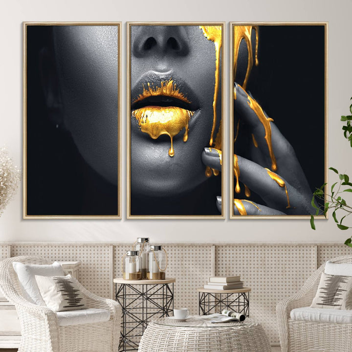 Above the dining area is the Gold Glitter Lips Fashion Makeup canvas wall art.