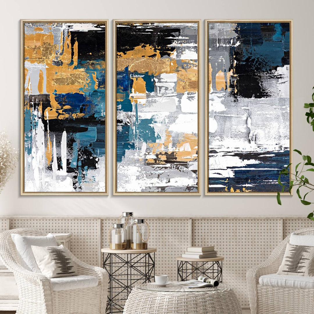 Blue and Gold Abstract Canvas Wall Art hangs prominently.