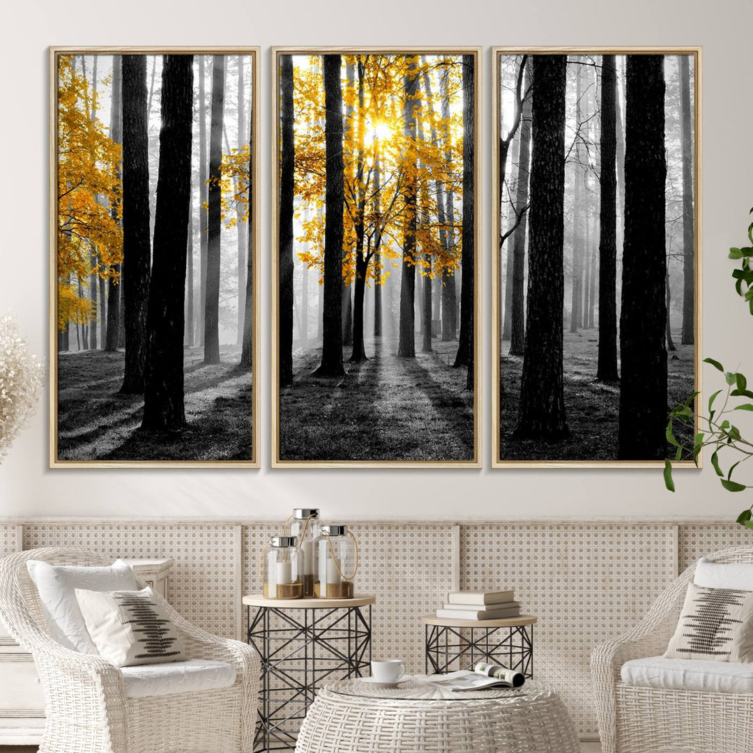 Nature Misty Foggy Autumn Forest Wall Art Print displayed above a modern dining room.