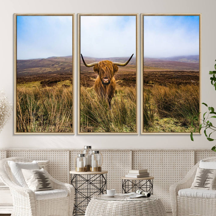 A Scottish Highland Cow art print canvas with UV-protection adorns the wall, preserving vivid details.