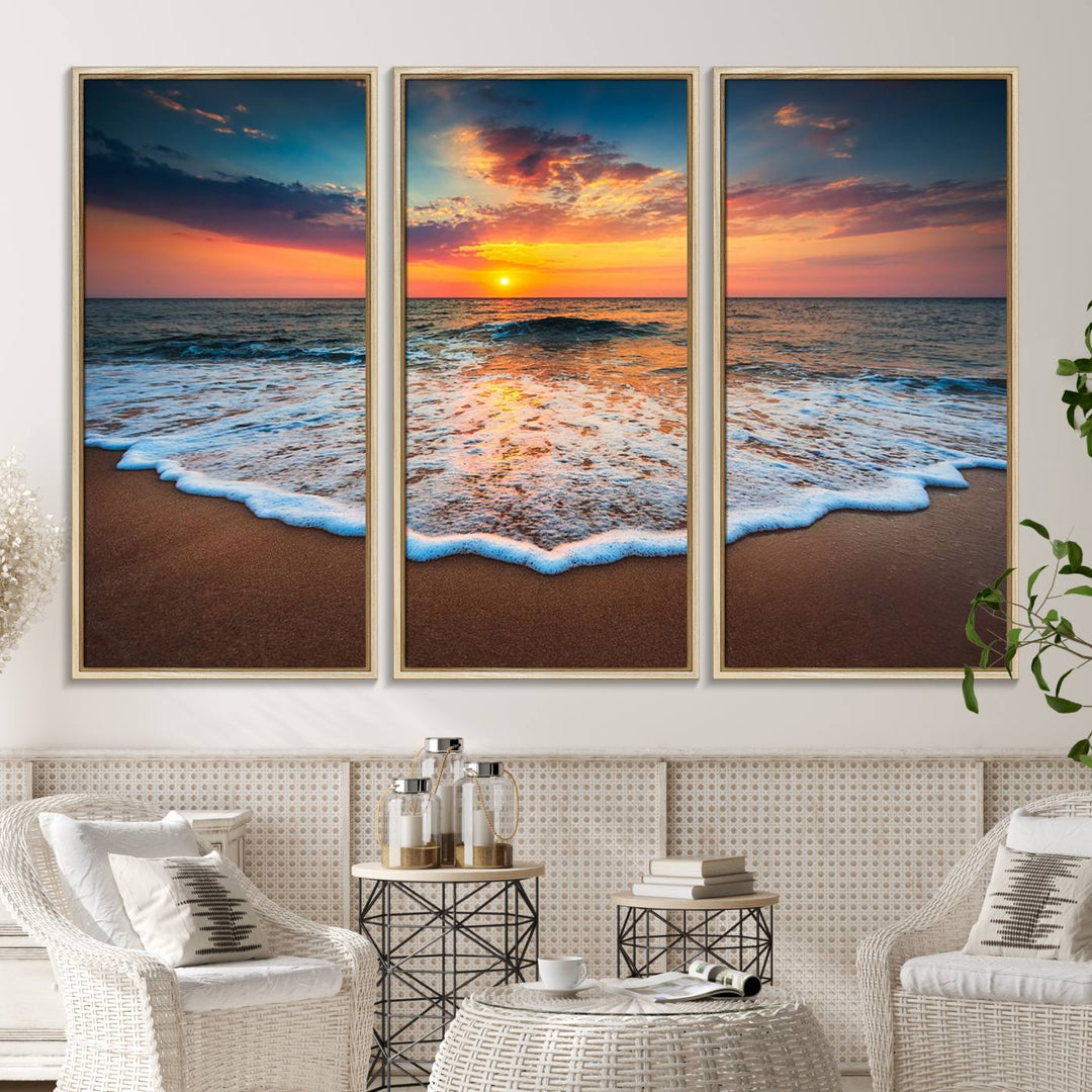 A Sunset with Calm Waves on the Beach Wall Art Canvas Print adorns the dining room.