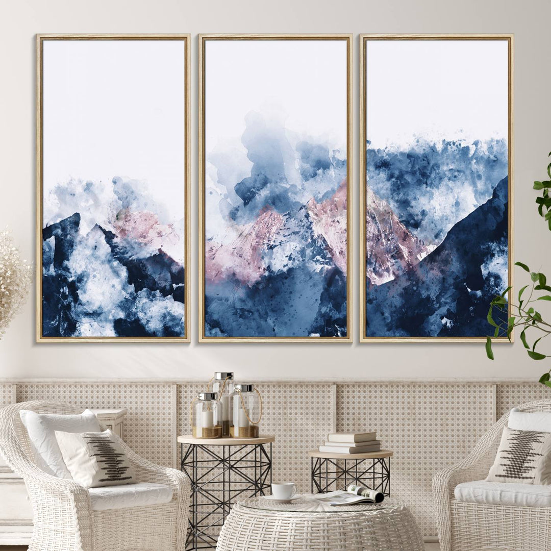 A modern kitchen showcases an Abstract Watercolor Mountain Landscape Art Canvas Print.