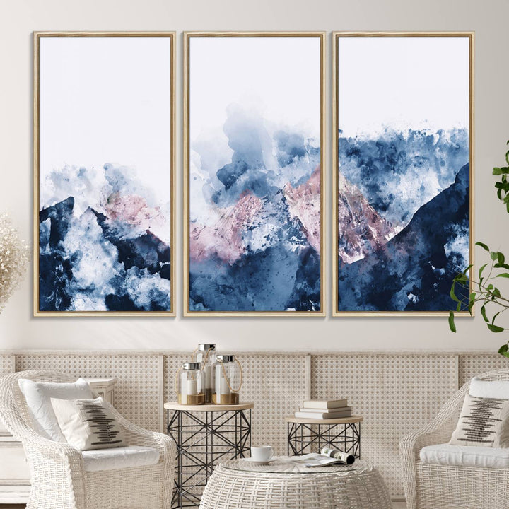 A modern kitchen showcases an Abstract Watercolor Mountain Landscape Art Canvas Print.