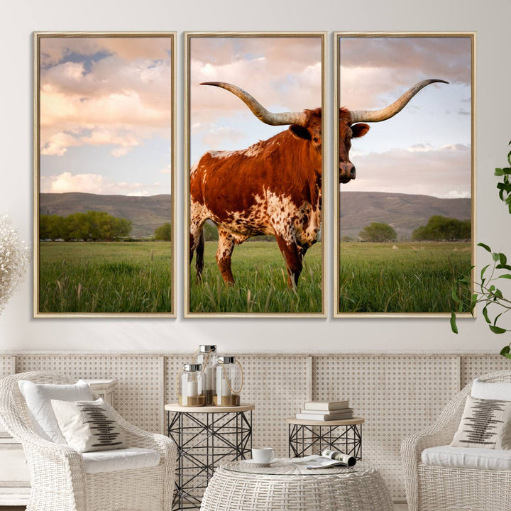 The Texas Cow Canvas Wall Art print captures a longhorn cow at sunset and is ready to hang.