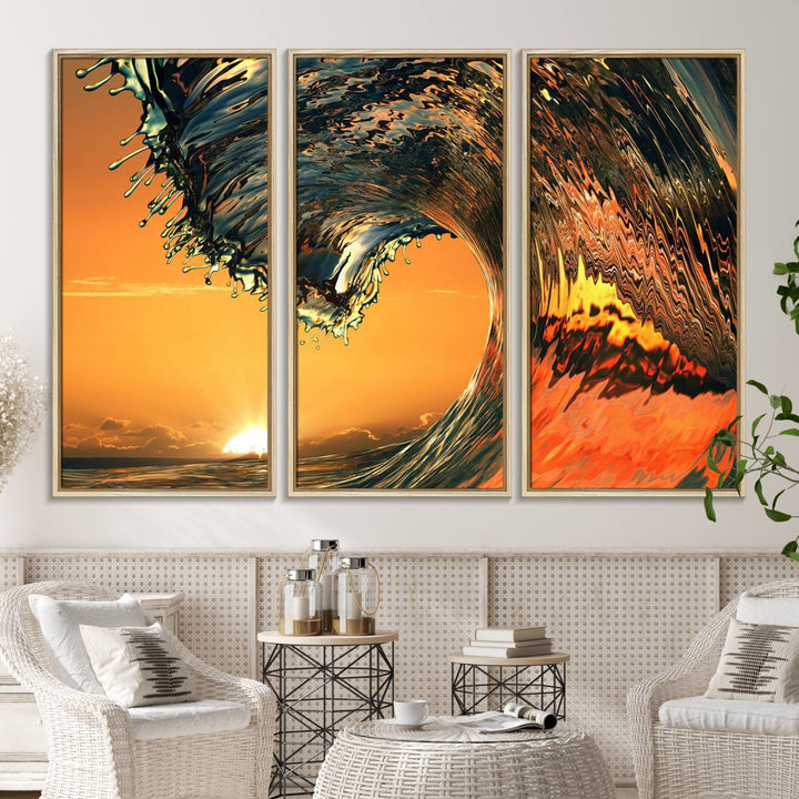 The Ocean Wave With Perfect Sunset canvas wall art adds a striking focal point to the room.