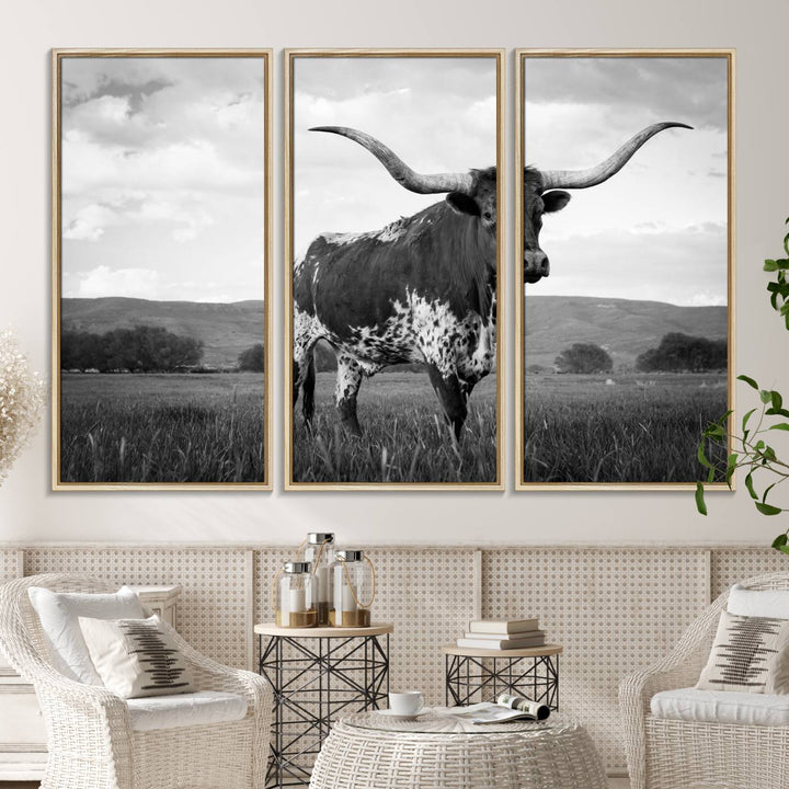 A Black and White Longhorn Texas Cow Canvas Wall Art.