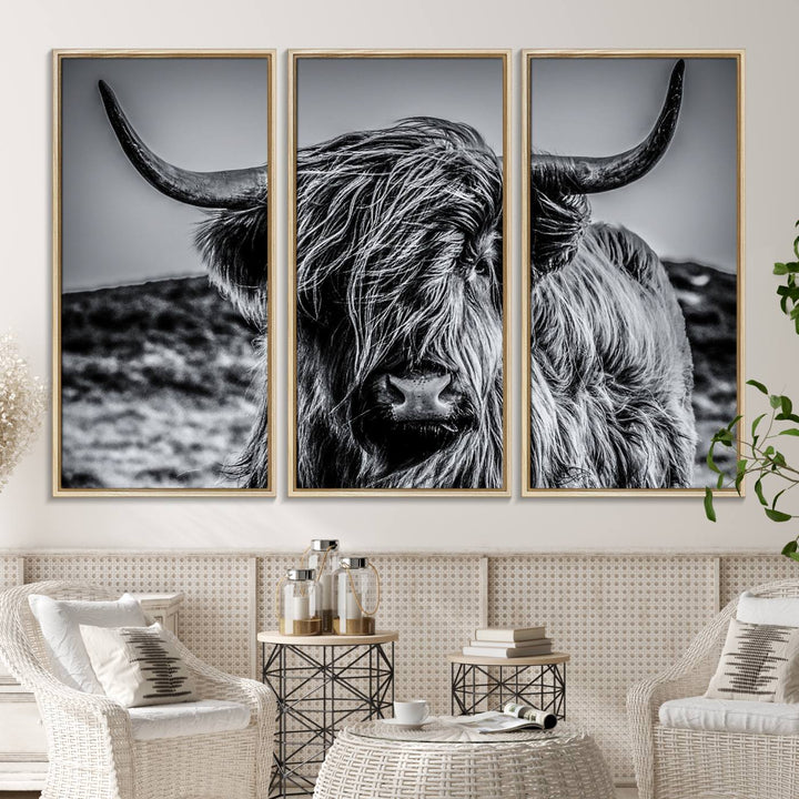 The Black and White Cow Wall Art Canvas Print is displayed.