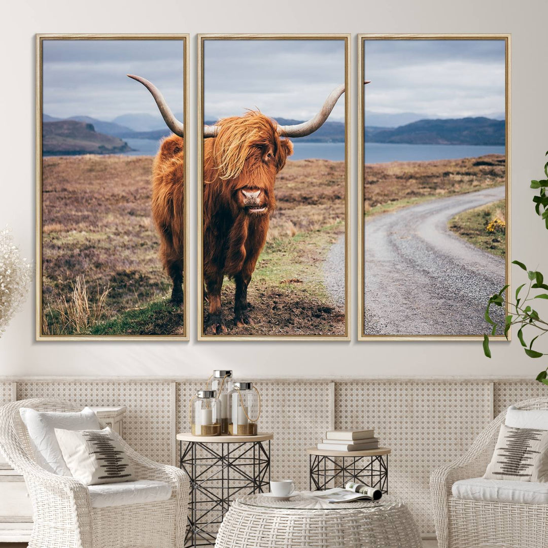 The Longhorn Highland Cow Canvas Wall Art is prominently displayed.