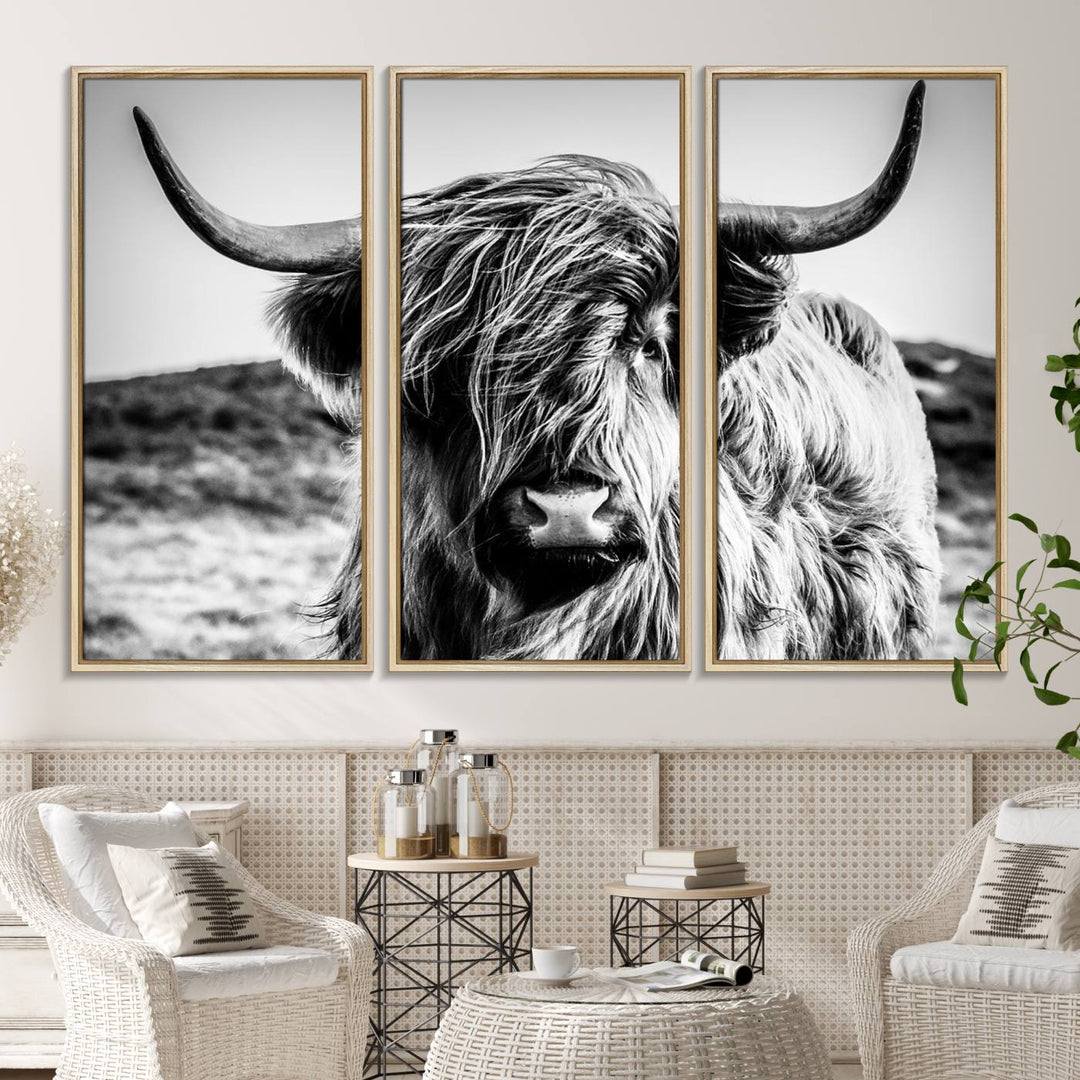 A Black and White Scottish Cow Canvas Print adorns the kitchen wall, perfect for farmhouse decor.