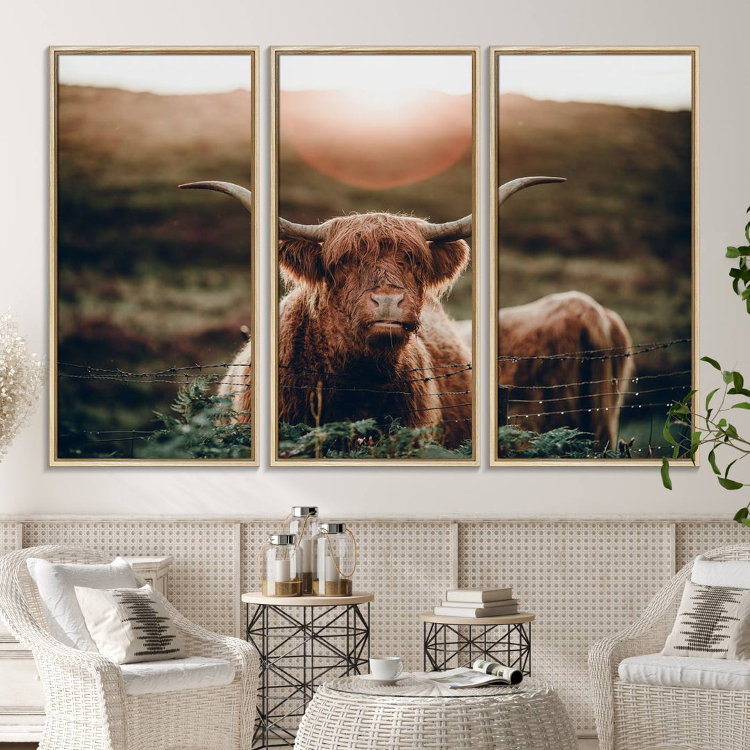 A Highland Cow Animal Canvas Wall Art, featuring a grassy field, is displayed on the wall.