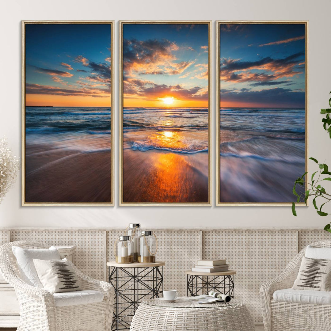 A museum-quality Beautiful Sunset over the Horizon canvas adorns the living room wall.