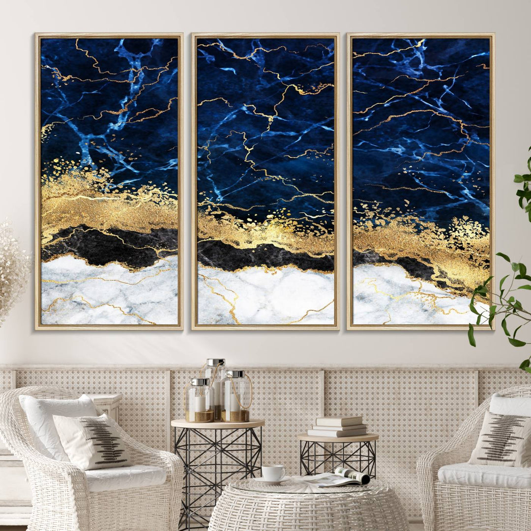 Navy Blue Marble Fluid Effect Canvas Wall Art, featuring a gold and white abstract design, adds a finishing touch to your modern kitchen decor.