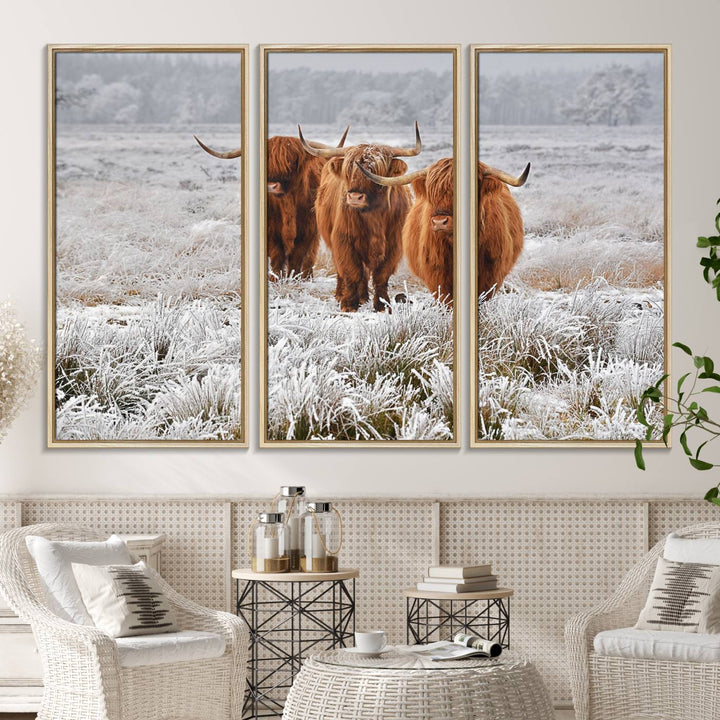 The Highland Cows in Snow canvas showcases three cattle in a frosty field.