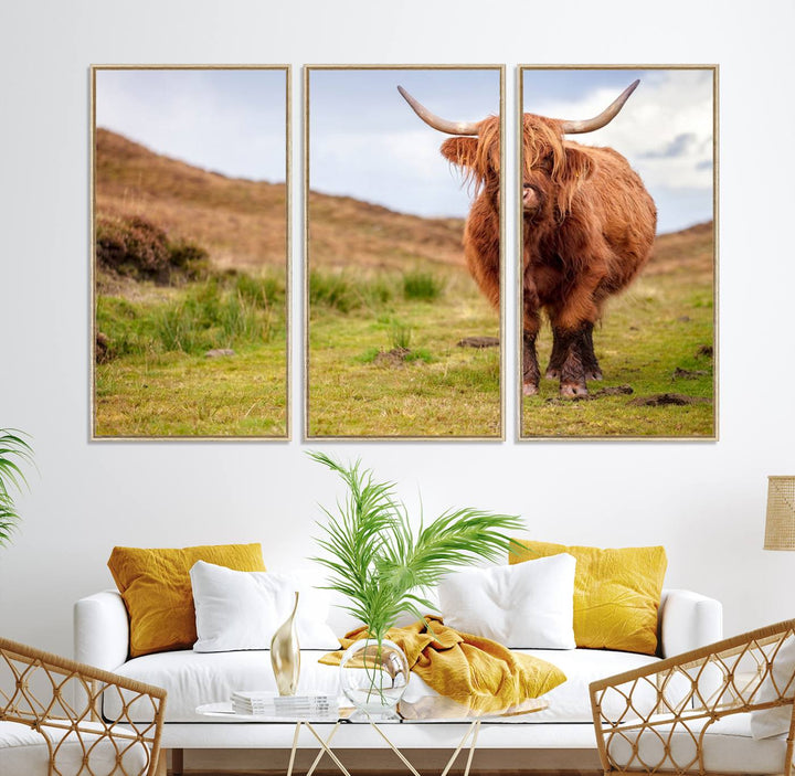 A Highland Cow Animal Canvas Wall Art hangs on the wall, adding warmth to the room.