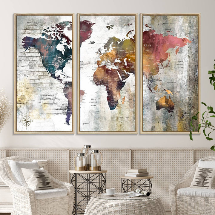 The World Map Wall Art Triptych: a 3-panel canvas featuring a vintage map.