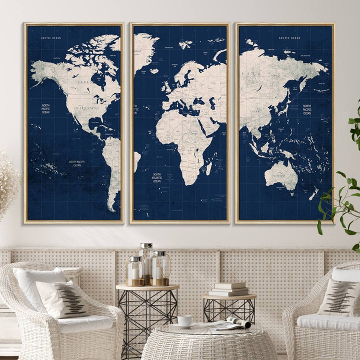 Large modern world map wall art canvas print in beige and navy; showcases a 3-panel vintage map design and is ready to hang.