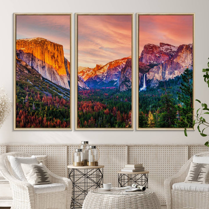 An El Capitan Yosemite Canvas showcasing a sunset over a mountain valley.