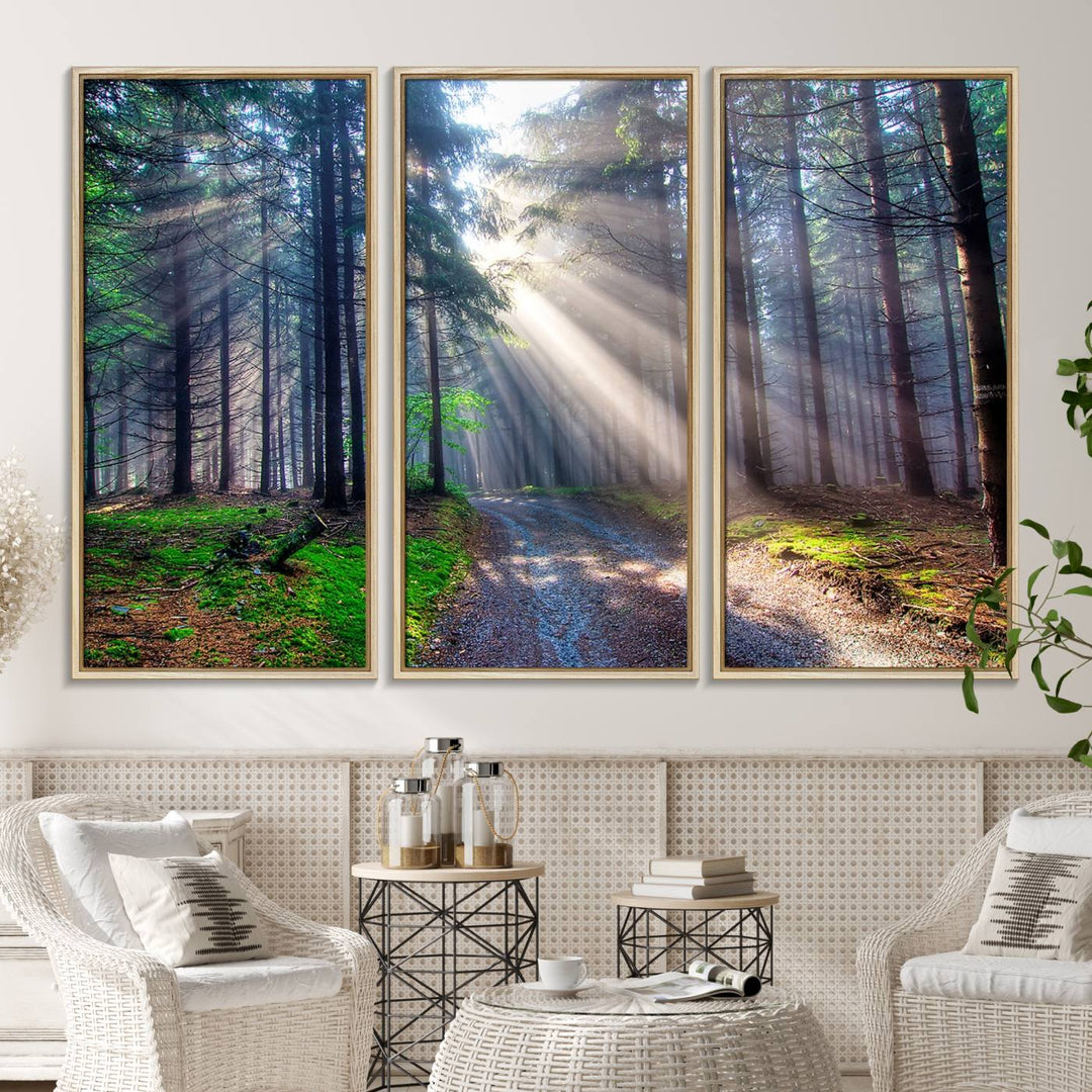 The dining area features a 3-panel Forest Path Canvas showcasing sun rays filtering through a misty forest.