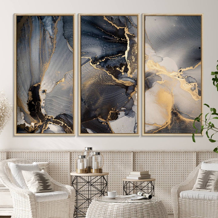 A Modern Marble Fluid Effect Abstract Wall Art with black, white, and gold swirls hangs in a modern kitchen.