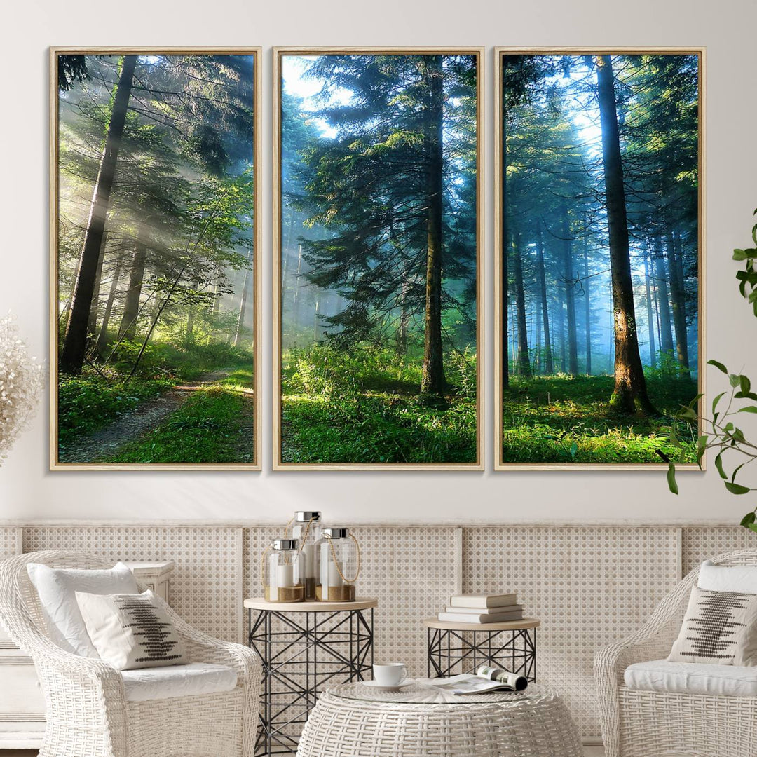 Enhancing the space is the Forest Sun Shine wall art canvas print, showcasing a serene forest scene.