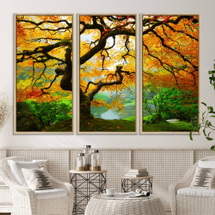 The Portland Japanese Maple Tree Canvas adds elegance to a modern living room.