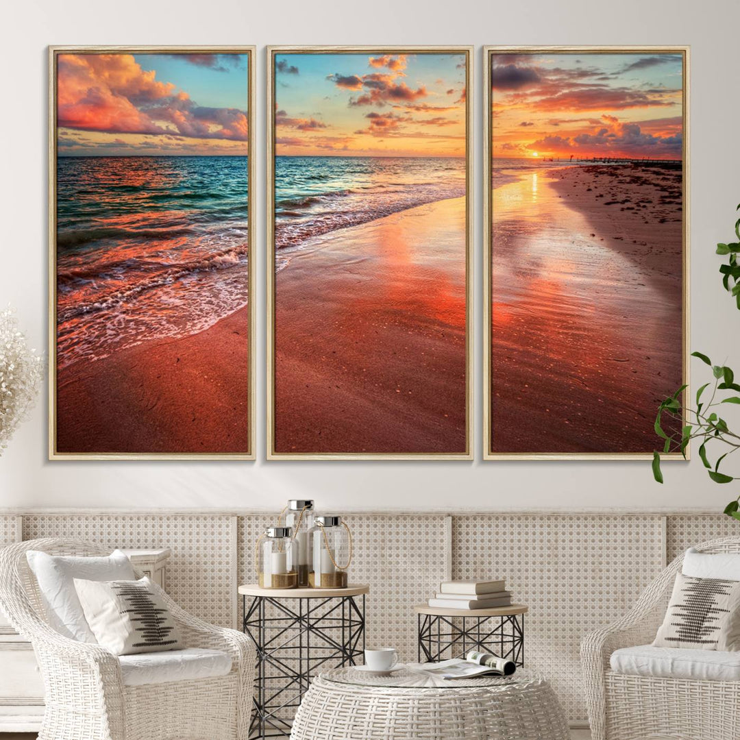 A Vibrant Sunset Beach Canvas Print with ocean waves and sandy shoreline enhances coastal-themed interiors.