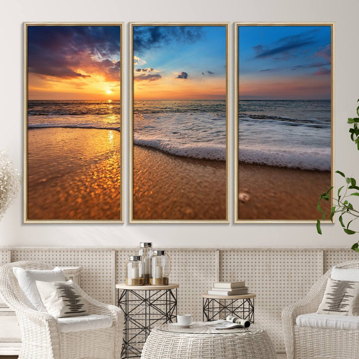 The Golden Sunset Beach Waves Triptych adds a modern coastal touch with its stunning seascape.