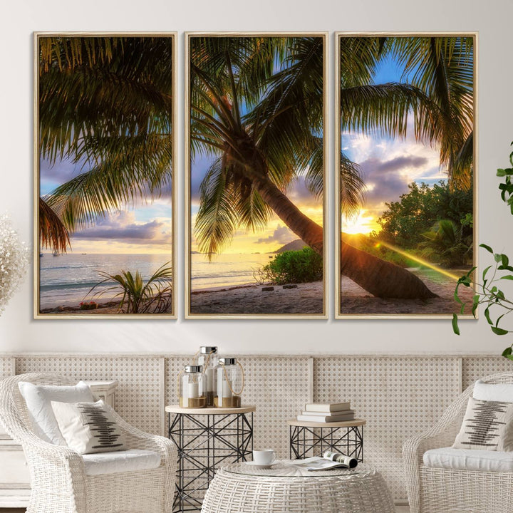 A Coastal Sunset Palm Tree canvas print hangs prominently.