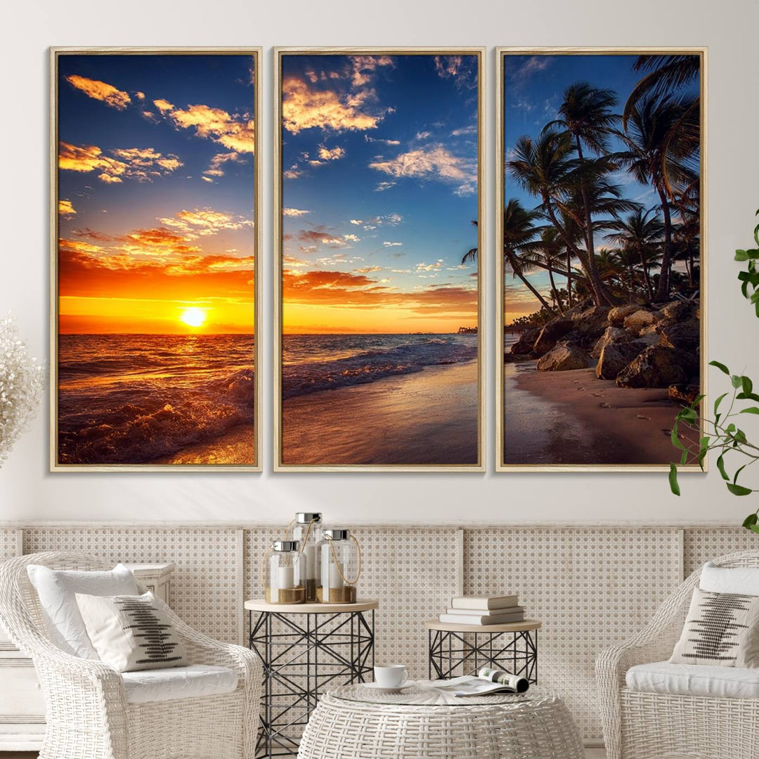 A stunning Tropical Beach Sunset Canvas Art featuring palm trees and ocean waves, created as a Giclee print.