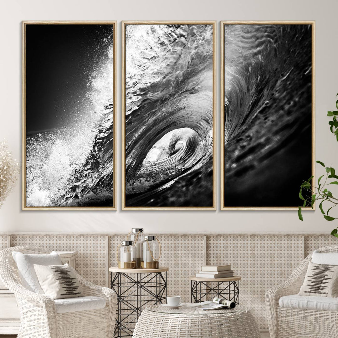 The Black Ocean Wave at Sunset Canvas Art hangs on a grey wooden wall.