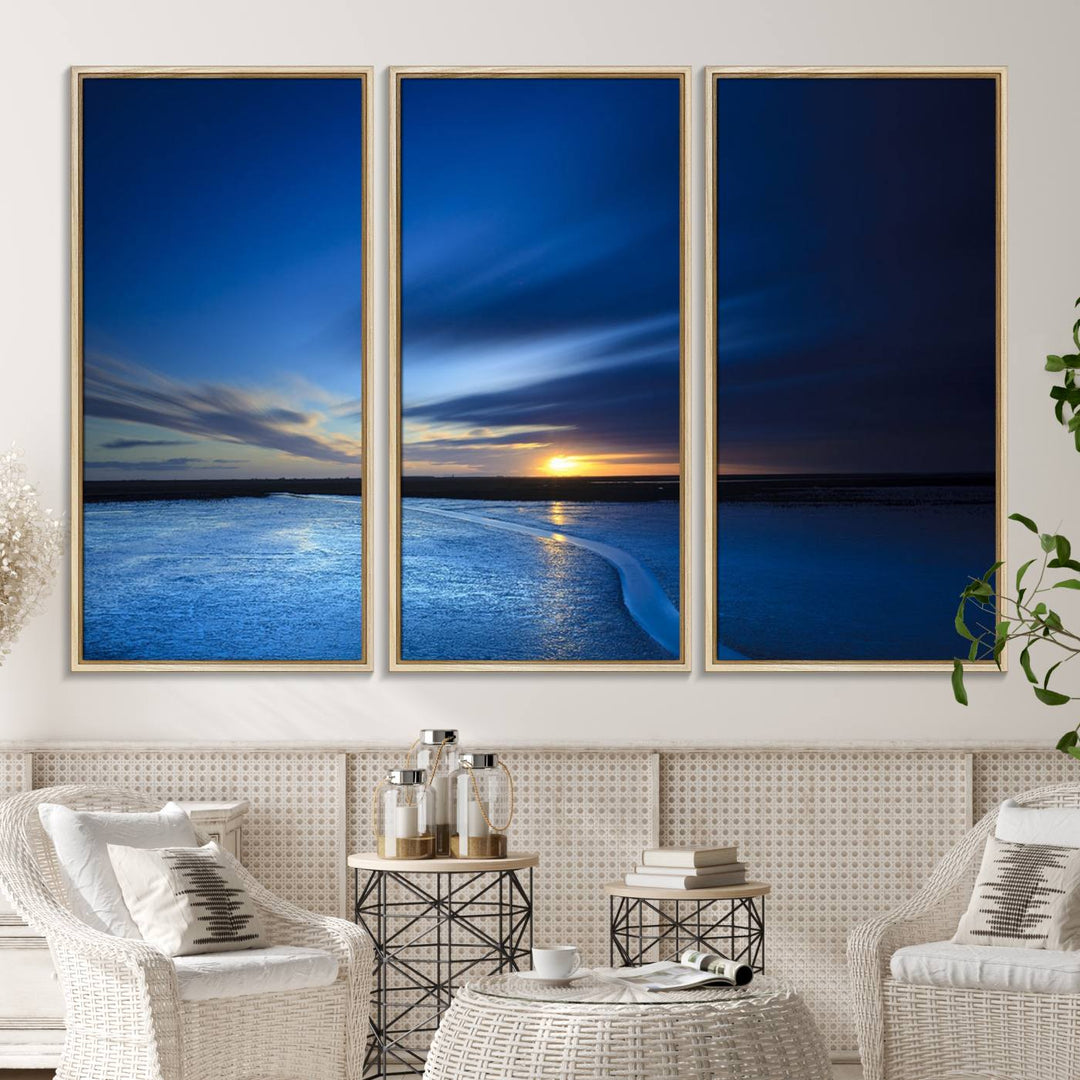 Modern decor: Deep Blue Ocean Sunset Triptych for a serene coastal vibe.