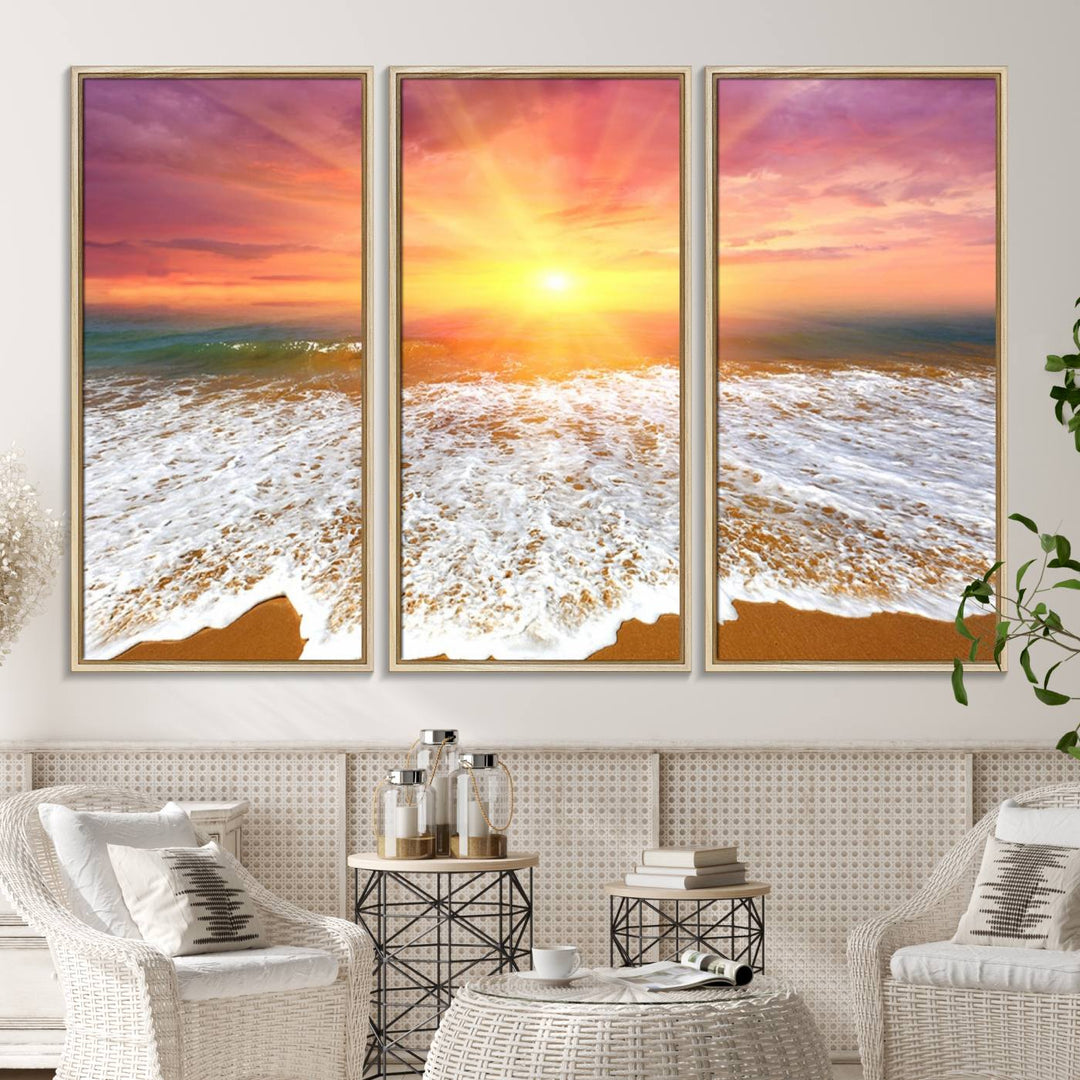 Golden Beach Sunrise 3-panel canvas art of ocean waves, hung on a wooden wall.