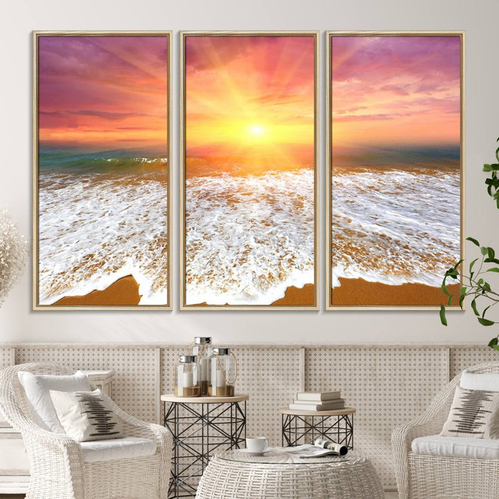 Golden Beach Sunrise 3-panel canvas art of ocean waves, hung on a wooden wall.